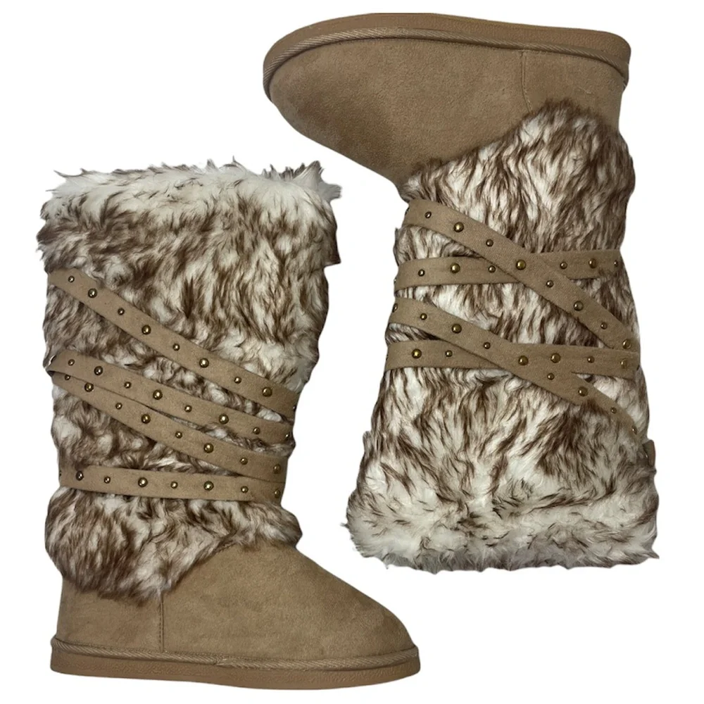 Fur Boots Knee High Strappy Fleece Lined Chunky Eskimo Winter Snow Boots Size 8
